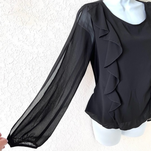 BCX black chiffon ruffle blouse sheer sleeves hidden elastic waist Sz M - Picture 6 of 12